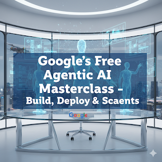 Futuristic digital workspace showing glowing AI agents and holographic screens, with headline text “Google’s Free Agentic AI Masterclass – Build, Deploy & Scale Agents.” Professional, modern design in blue and white tones.