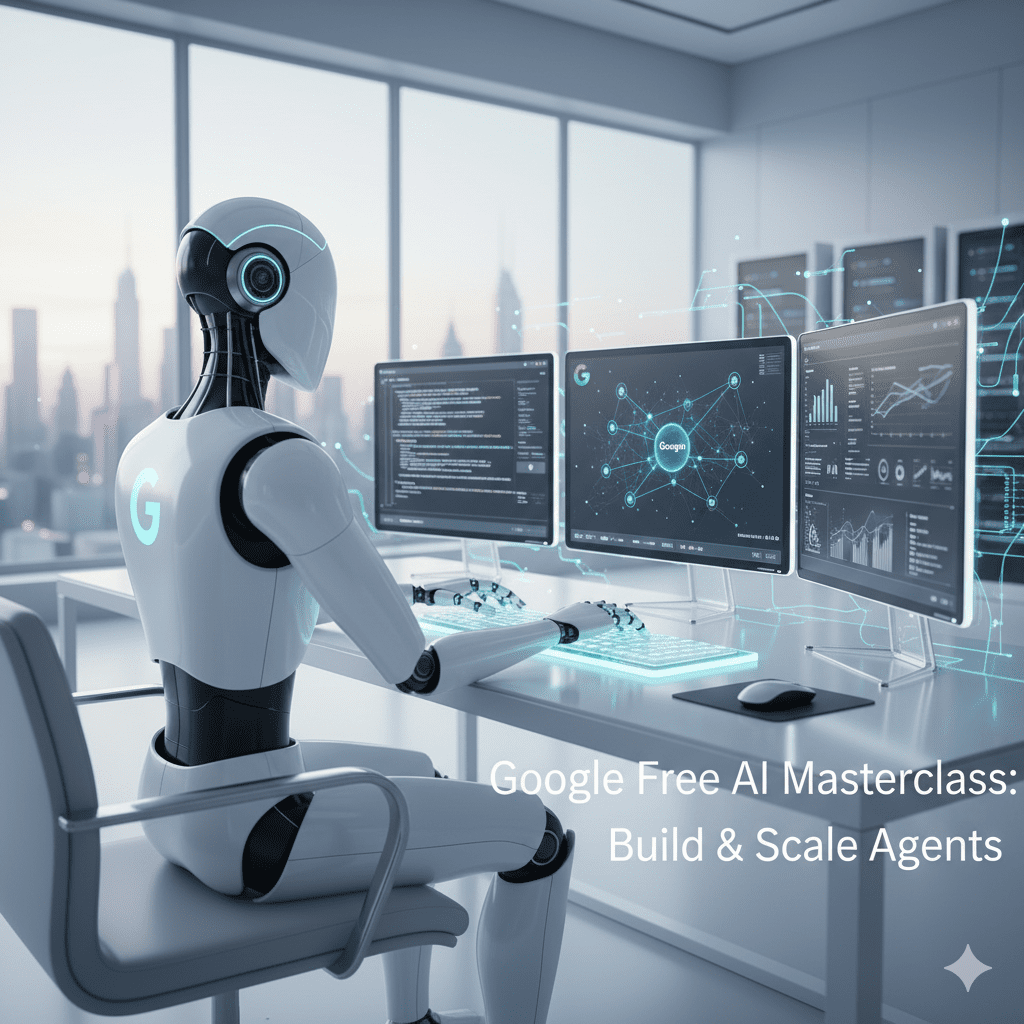 Futuristic digital workspace showing glowing AI agents and holographic screens, with headline text “Google’s Free Agentic AI Masterclass – Build, Deploy & Scale Agents.” Professional, modern design in blue and white tones.