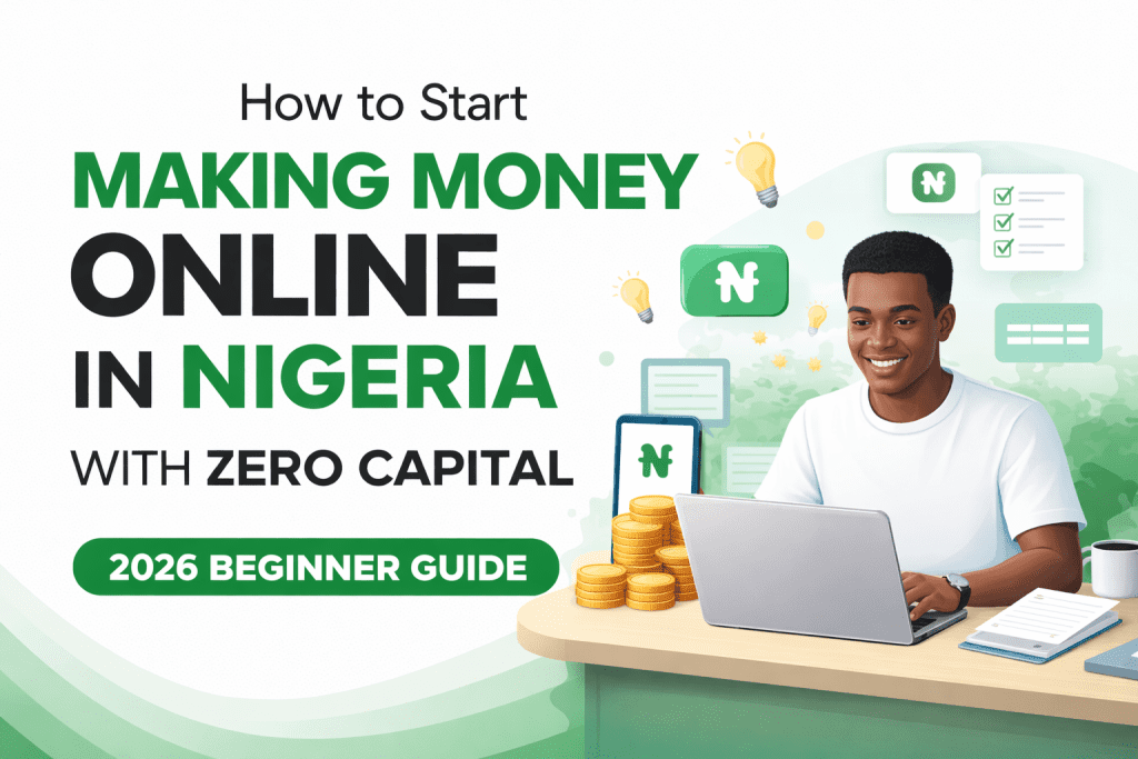 Freelancer using a laptop with earnings and checklist icons, representing how beginners in Nigeria can make money online with zero capital in 2026.
