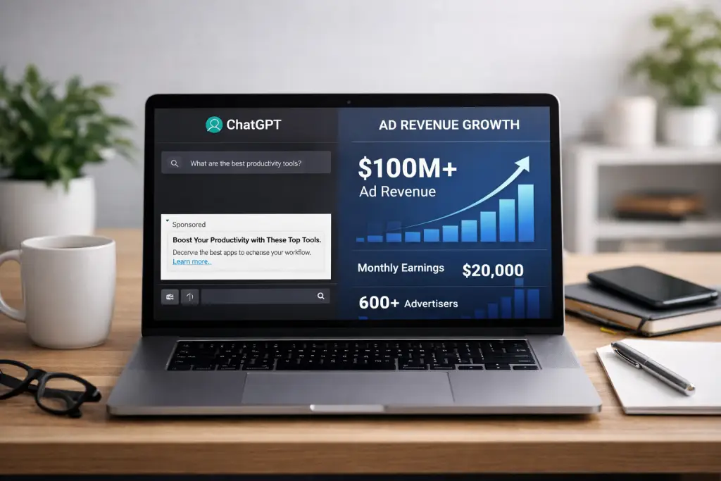 ChatGPT ads dashboard showing AI marketing and online income growth