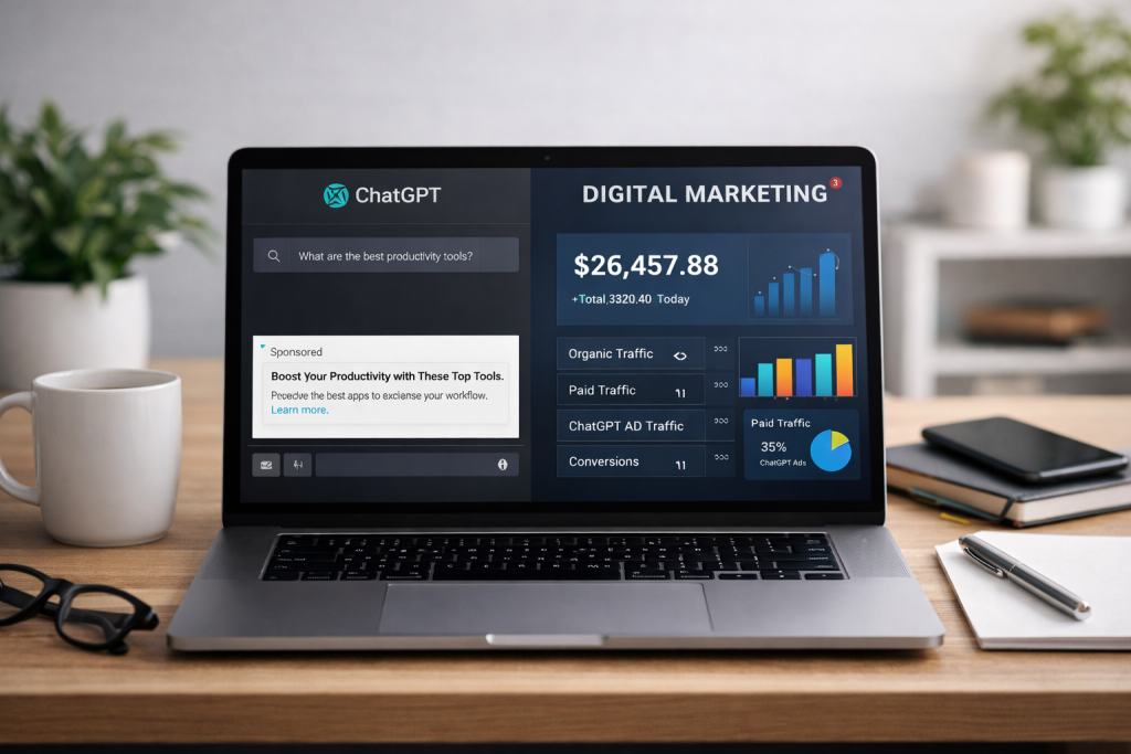 ChatGPT ads dashboard showing AI marketing and online income growth