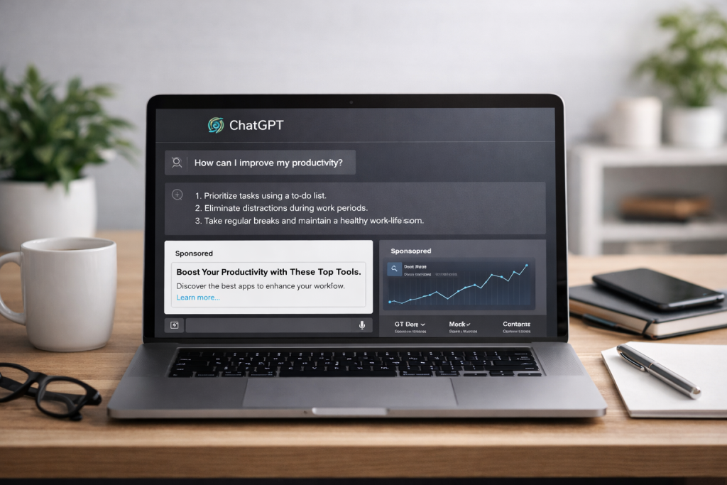 ChatGPT ads dashboard showing AI marketing and online income growth
