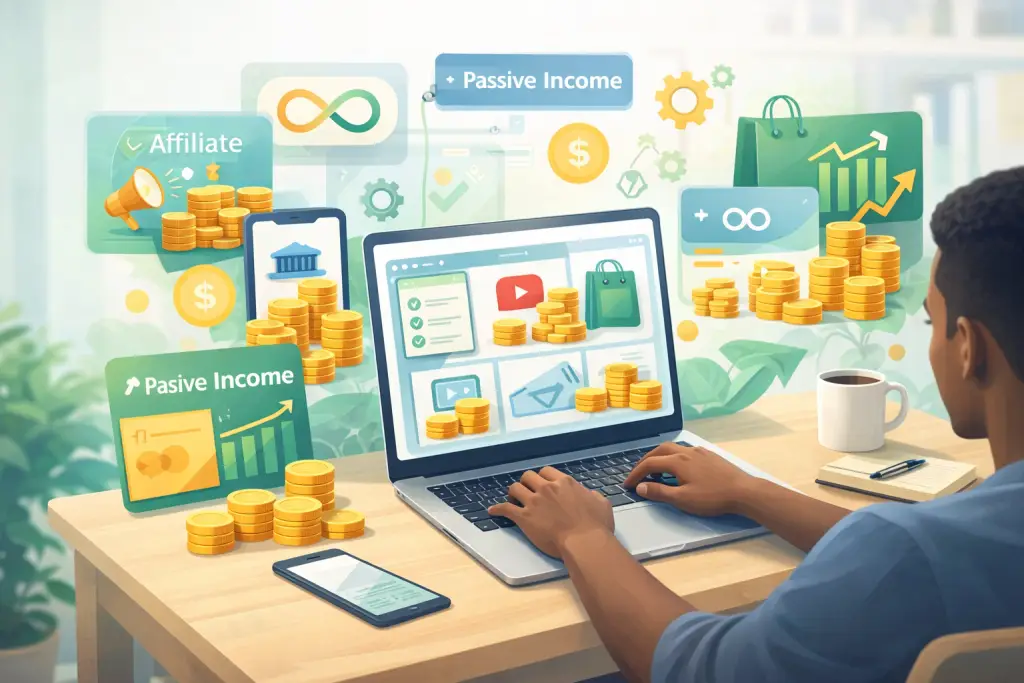 Person working on a laptop with multiple income streams, charts, and digital tools, representing how to build multiple streams of income online.
