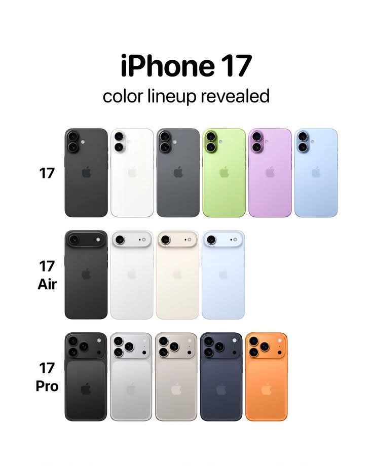 Apple iPhone 17 series lineup, from iPhone 17 to iPhone 17 Pro Max, unveiled in September 2025 with sleek modern design.