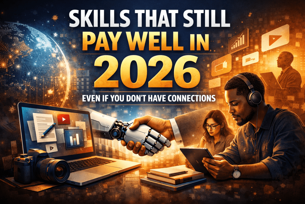 Focused young freelancers working online with laptops and AI tools, showing real digital skills people use to earn from home without connections.