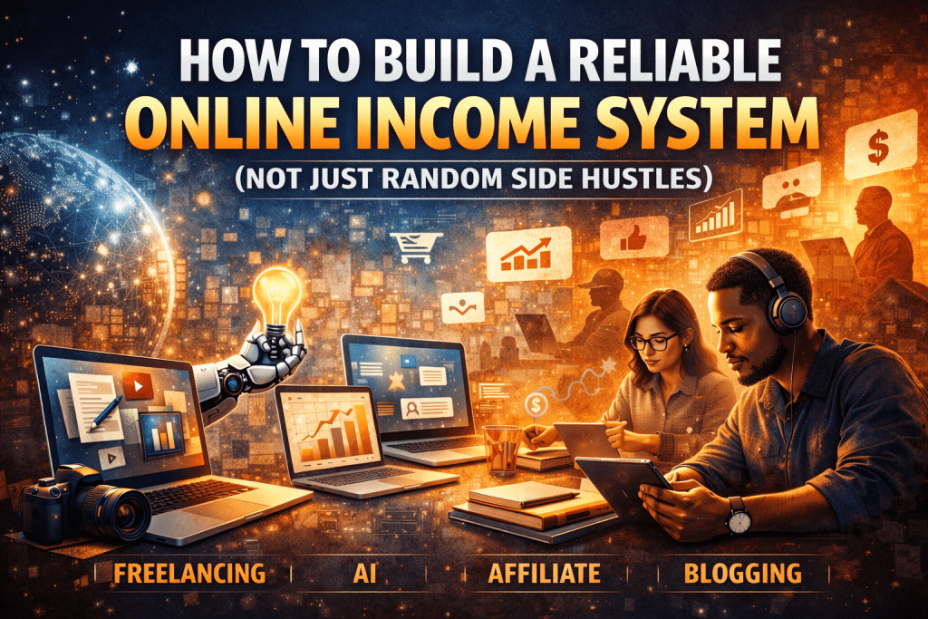 Professional freelancers working on laptops with AI tools, blogging dashboards, and affiliate marketing charts, illustrating how to build a reliable online income system in 2026.