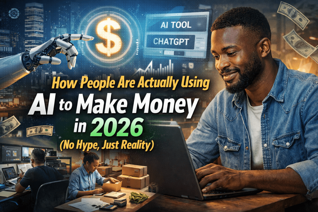 A focused young Nigerian man working on his laptop with a slight smile, surrounded by AI graphics, digital money symbols, and scenes of small business and video editing, illustrating practical ways to use AI to earn money in 2026.