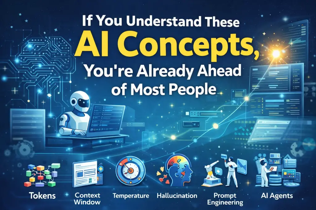 AI concepts explained visually showing tokens, context window, temperature, hallucination, prompt engineering, and AI agents with a futuristic digital interface and robot using a computer