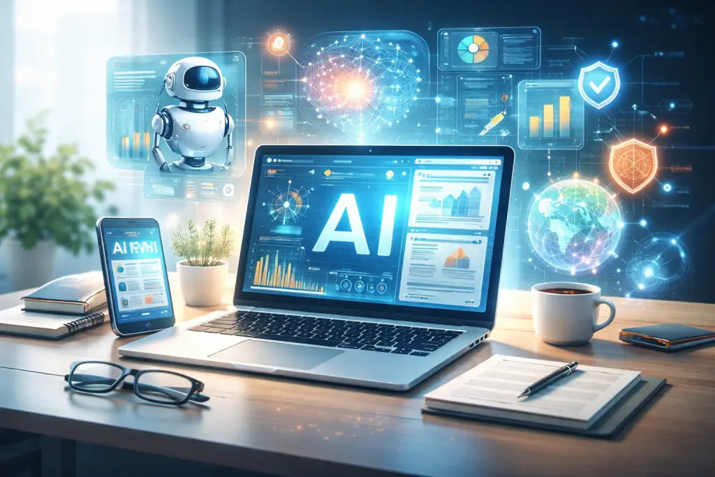 Laptop showing AI tools, analytics, and global data visualizations representing the latest AI news and trends in technology.