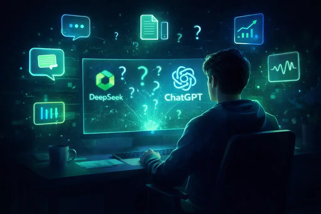 Futuristic workspace with AI tools, free AI tools nobody is talking about for productivity and making money online.