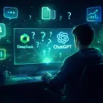 Futuristic workspace with AI tools, free AI tools nobody is talking about for productivity and making money online.