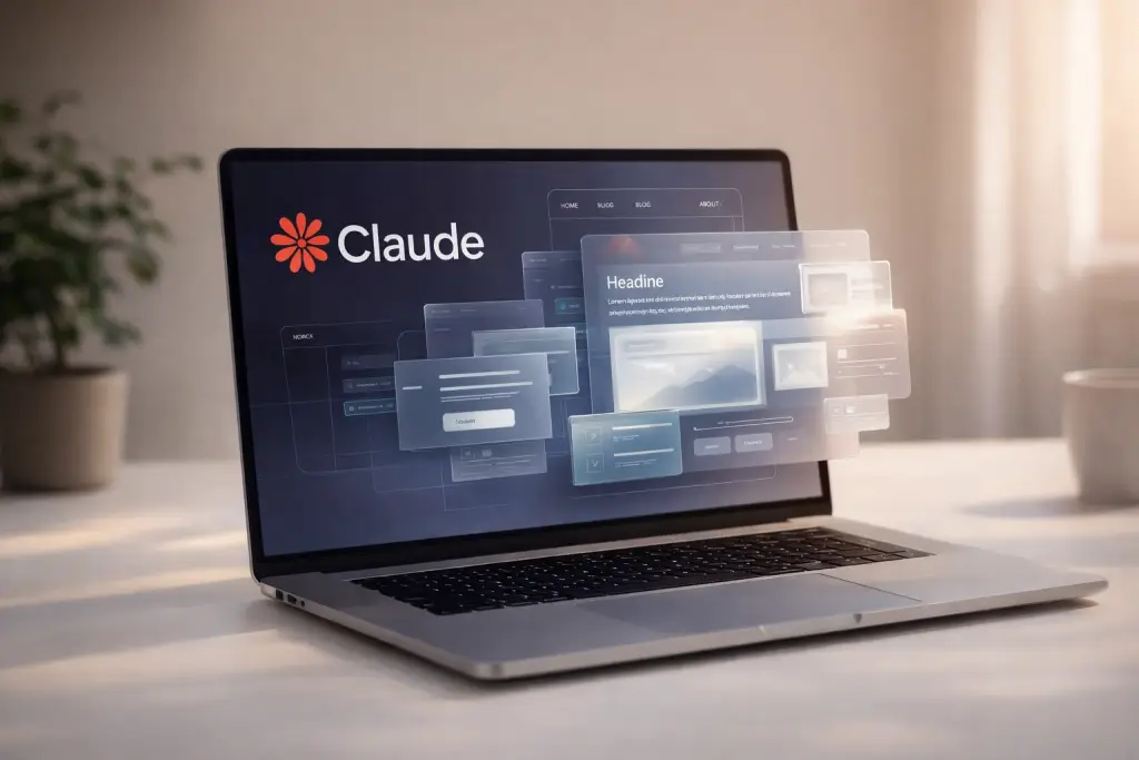 Claude Design AI interface on a minimalist laptop workspace showing futuristic UI layout and modern design workflow