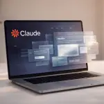 Claude Design AI interface on a minimalist laptop workspace showing futuristic UI layout and modern design workflow