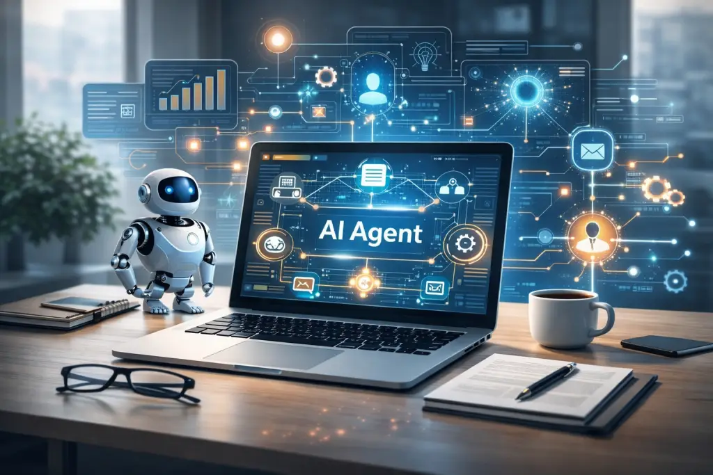 AI agents working on a laptop showing automation workflows, data connections, and intelligent task execution in a modern office setup.