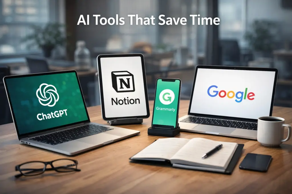 Best AI tools that save time shown on laptop and devices including ChatGPT, Notion, Grammarly, and Google in a modern workspace.