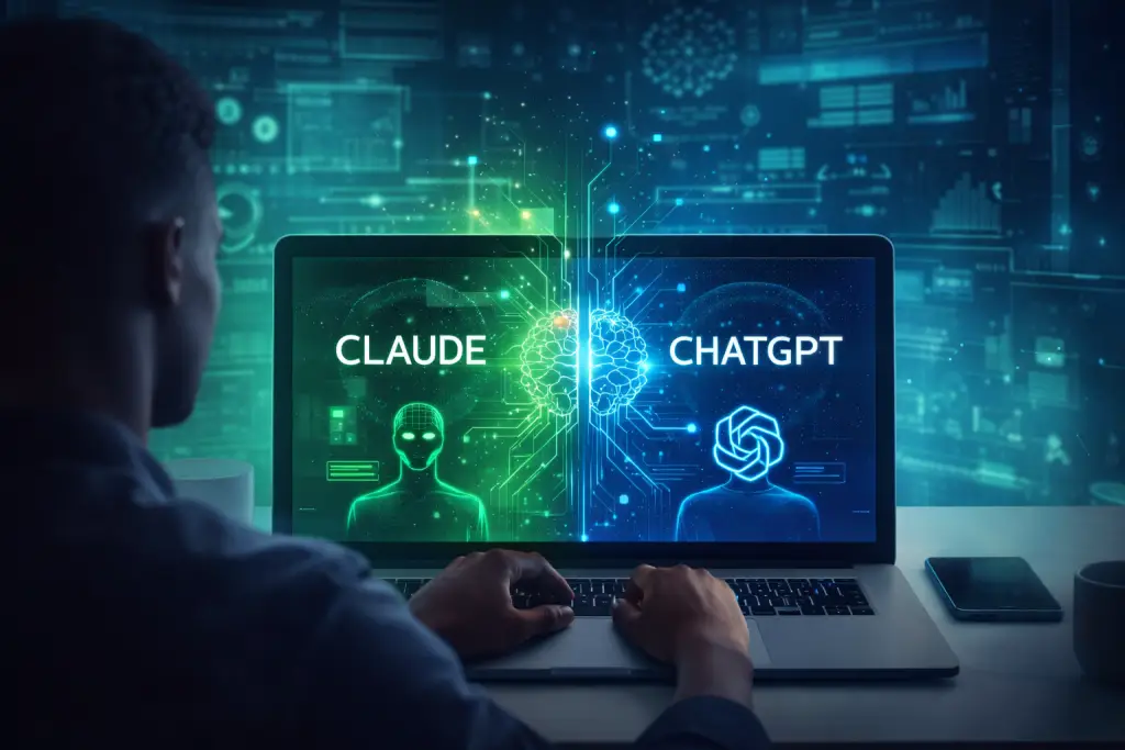 ChatGPT vs Claude comparison on laptop screen showing why users are switching AI tools in 2026