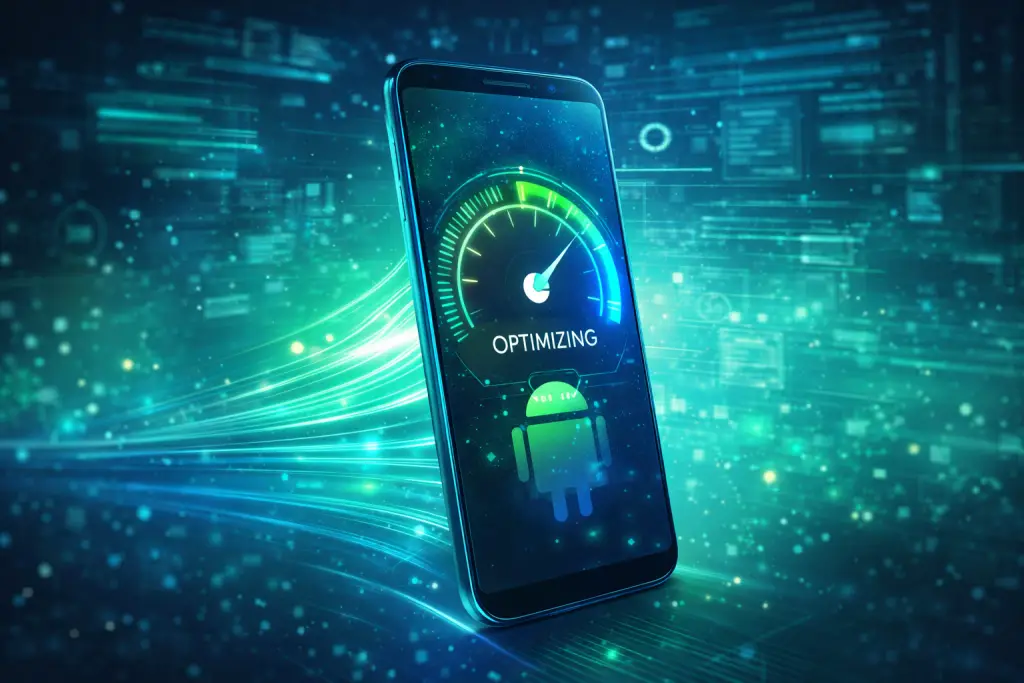 Android smartphone showing speed optimization with performance boost interface and fast processing visuals