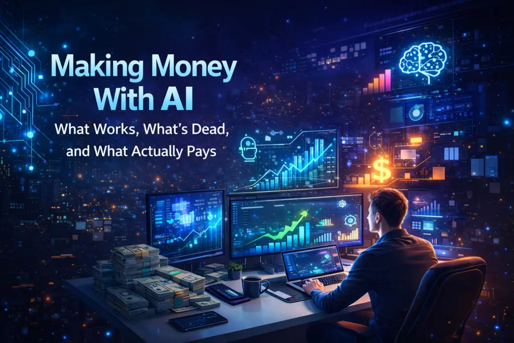 Person using AI tools and data dashboards to make money online in a modern digital workspace