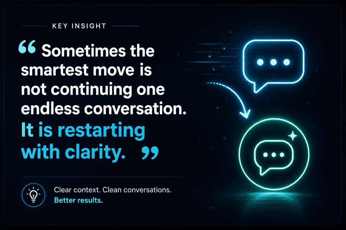 Dark futuristic quote graphic about restarting ChatGPT conversations with clarity instead of continuing endless threads