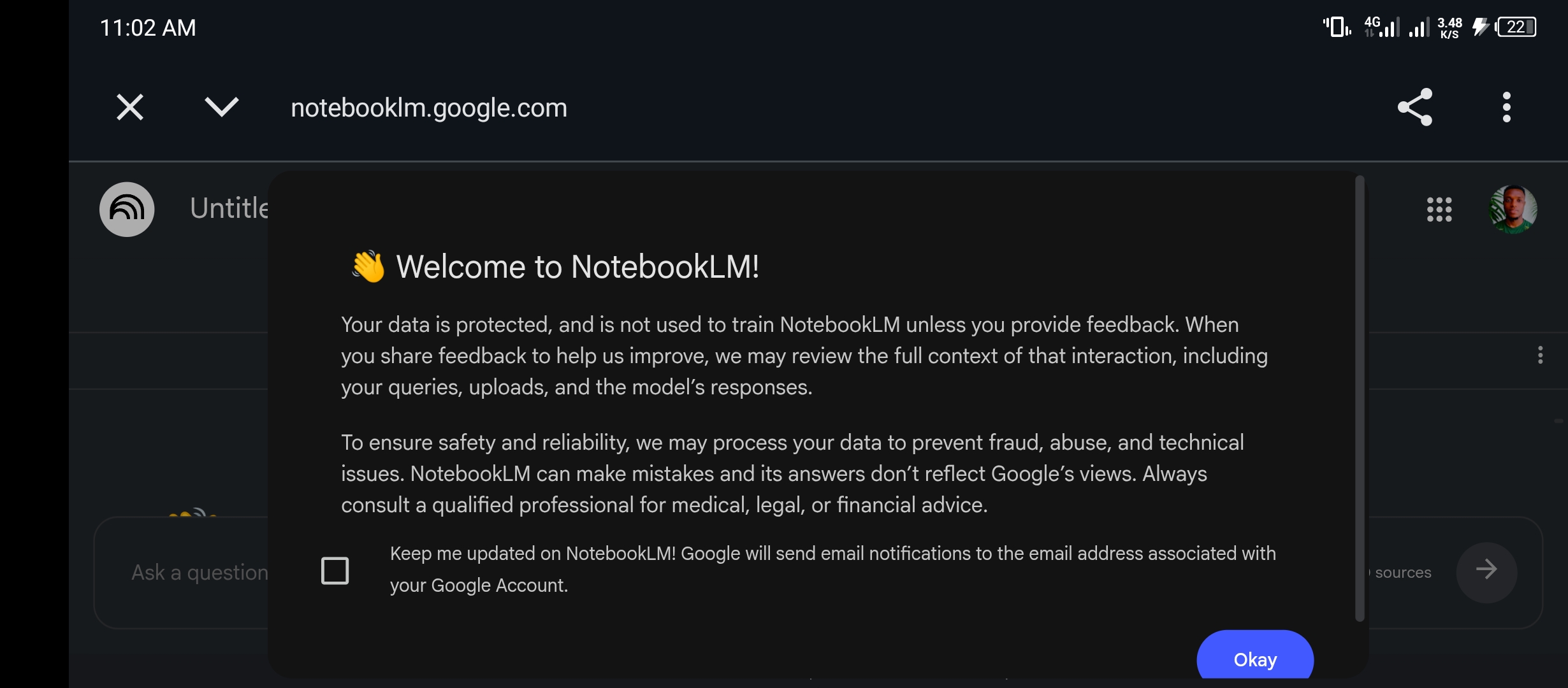 NotebookLM welcome screen showing data privacy notice that user data is not used to train the model