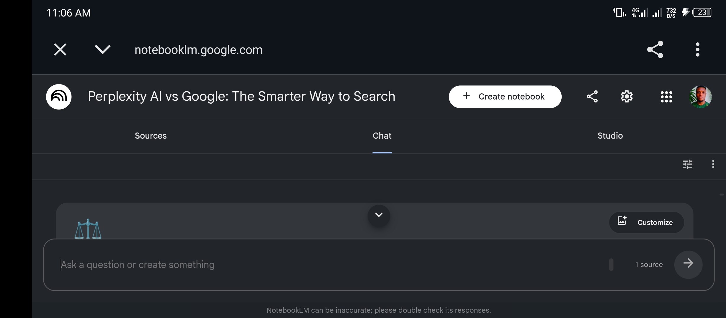NotebookLM personal notebooks dashboard showing the Perplexity AI vs Google notebook created May 12 2026 with 1 source