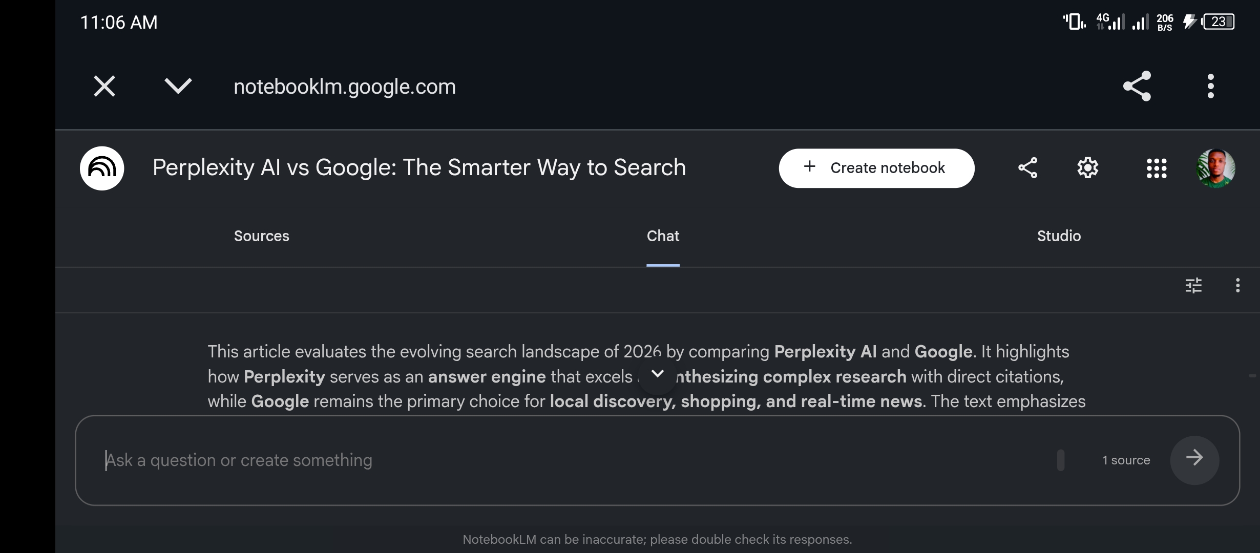 NotebookLM chat interface with one source loaded showing the notebook named Perplexity AI vs Google and automatic summary generated