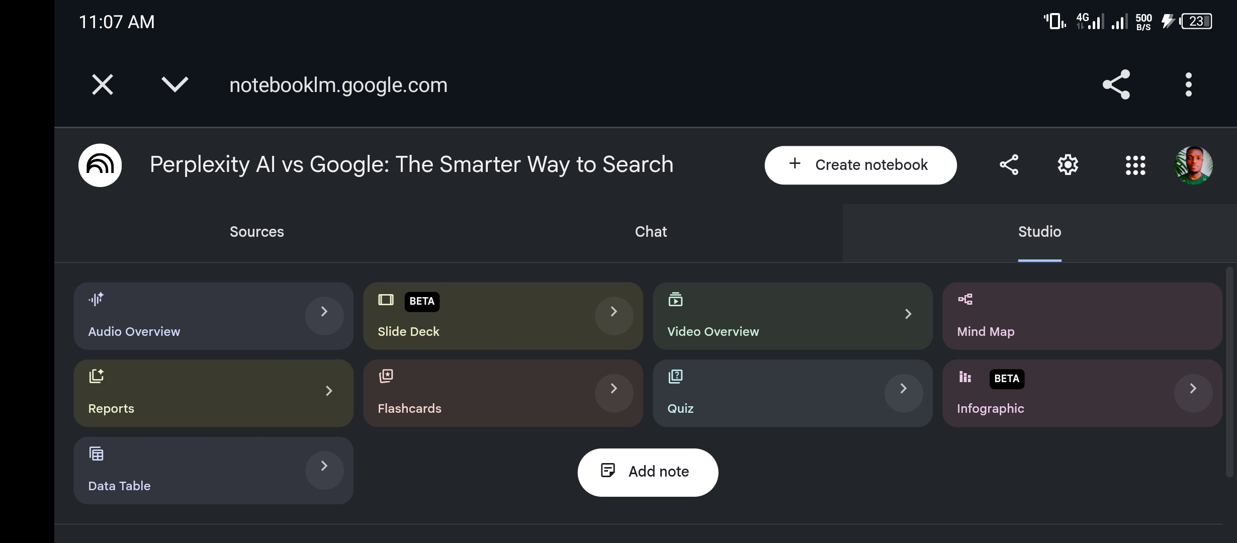 NotebookLM Studio tab showing Audio Overview, Slide Deck, Video Overview, Mind Map, Reports, Flashcards, Quiz, Infographic, and Data Table options