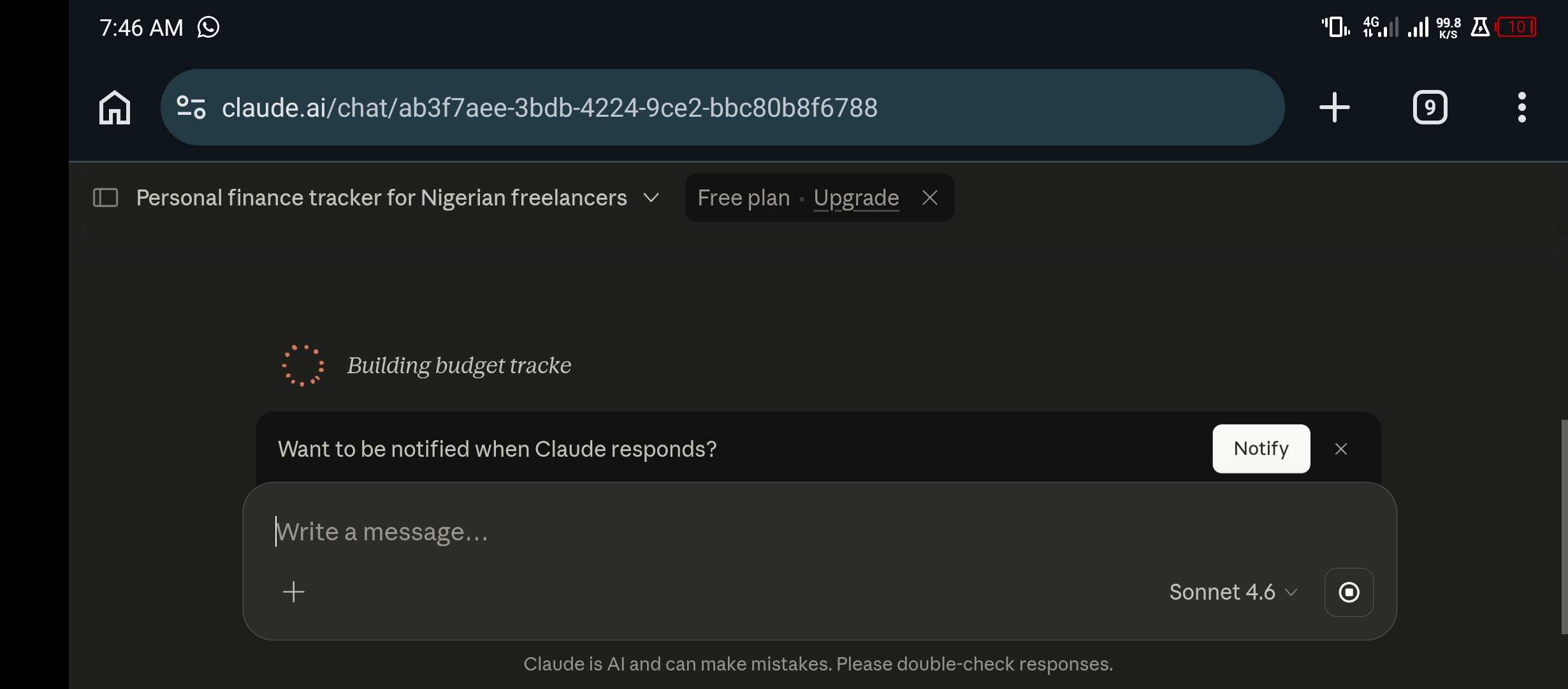 Claude AI building the NairaTrack Pro app showing Building budget tracker message and want to be notified prompt on free plan