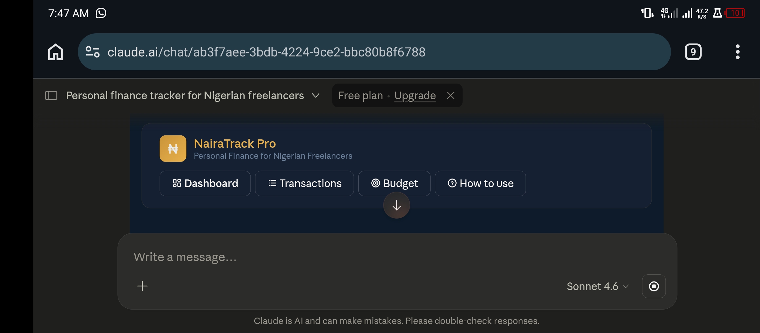 NairaTrack Pro personal finance tracker app built by Claude AI showing dashboard transactions budget and how to use navigation in dark navy and gold design