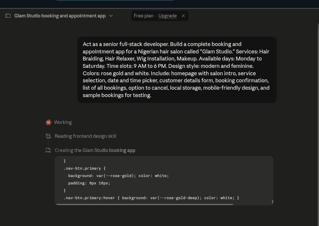 Claude AI writing CSS code for Glam Studio booking app showing nav-btn primary styles with rose-gold color variable being created in real time
