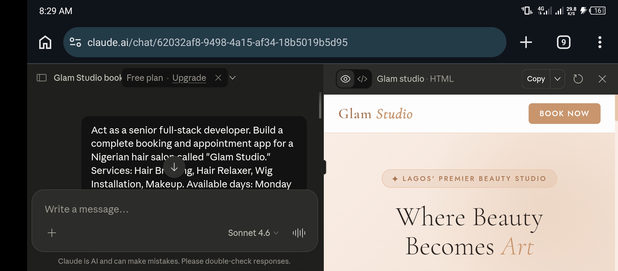 Split screen showing Claude AI conversation on the left and the finished Glam Studio booking app on the right with rose gold branding Lagos Premier Beauty Studio tagline and Book Now button