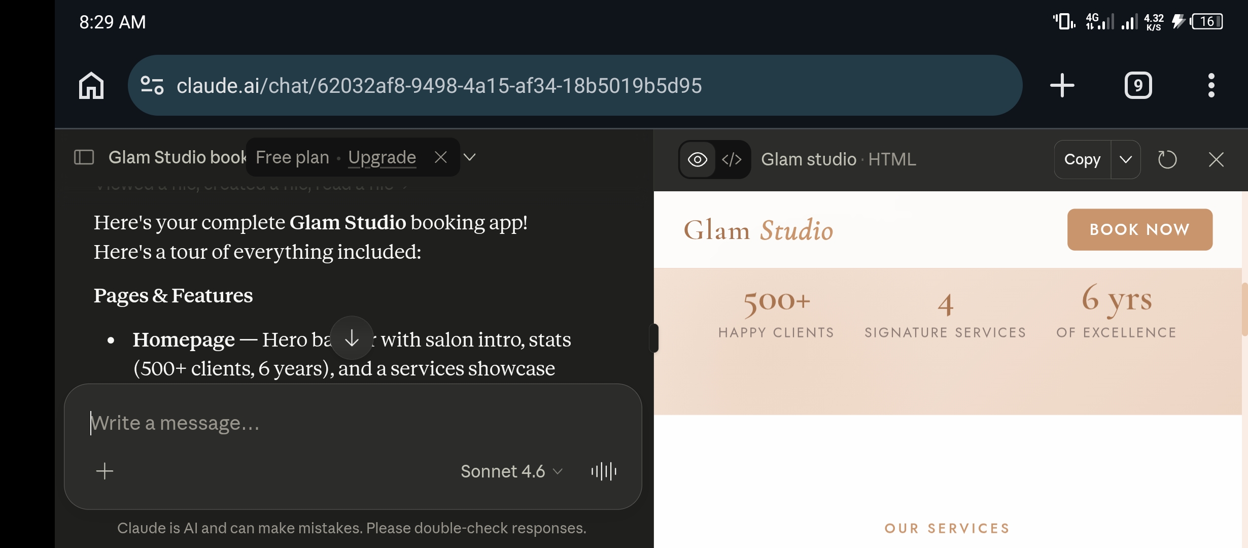 Glam Studio booking app showing 500 plus happy clients 4 signature services 6 years of excellence stats and Our Services section below
