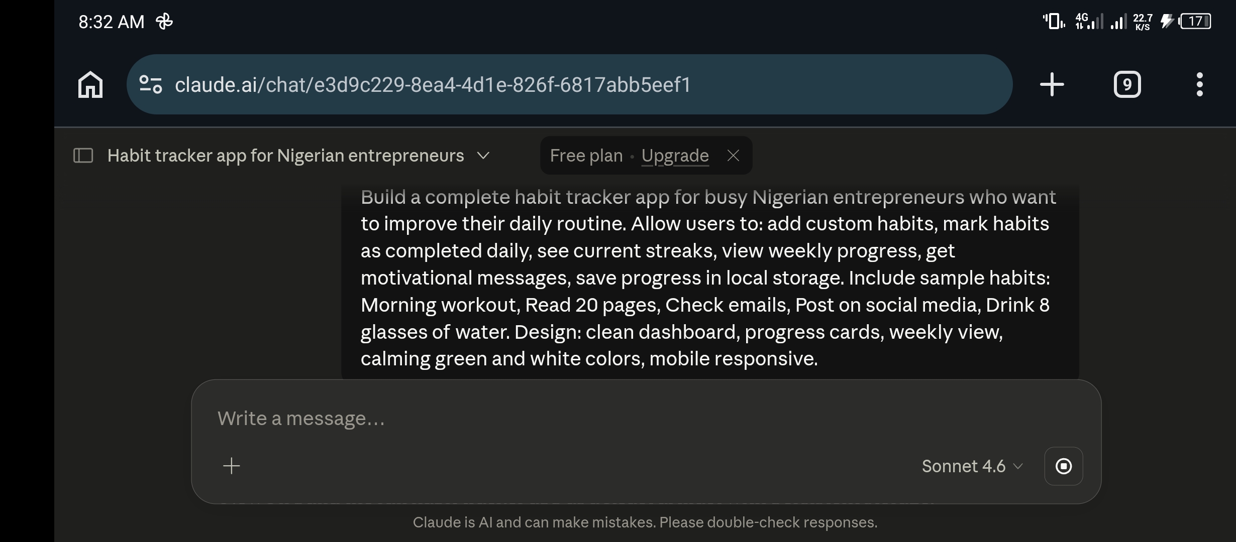 Habit tracker app prompt for busy Nigerian entrepreneurs showing full prompt text in Claude AI conversation asking for custom habits streak tracking progress and motivational messages