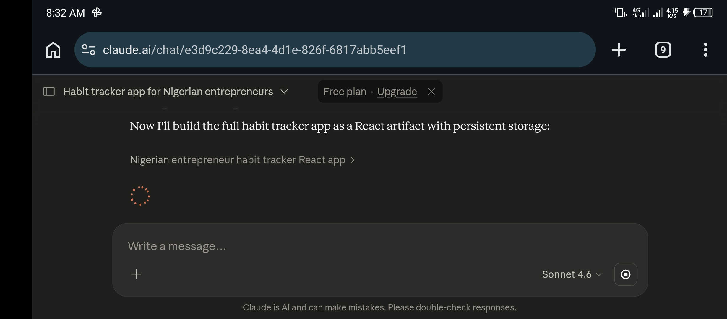 Claude AI building habit tracker app showing Now I will build the full habit tracker app as a React artifact with persistent storage and Nigerian entrepreneur habit tracker React app loading