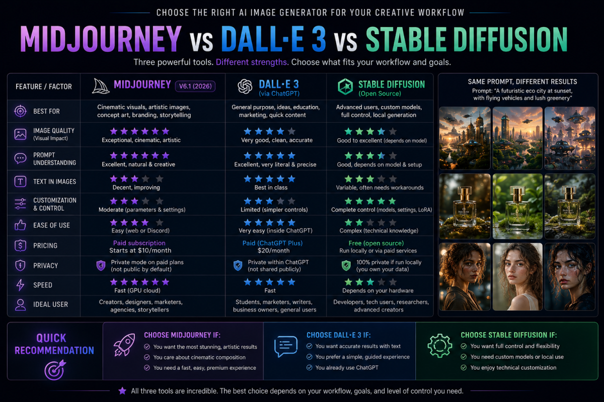 A detailed comparison infographic showing differences between Midjourney, DALL·E 3, and Stable Diffusion including image quality, prompt understanding, customization, pricing, and ideal users.