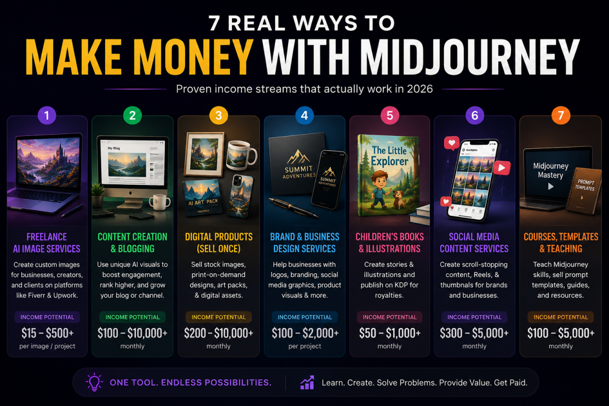 Infographic showing seven real ways to make money with Midjourney in 2026 including freelancing blogging digital products branding services social media content and teaching