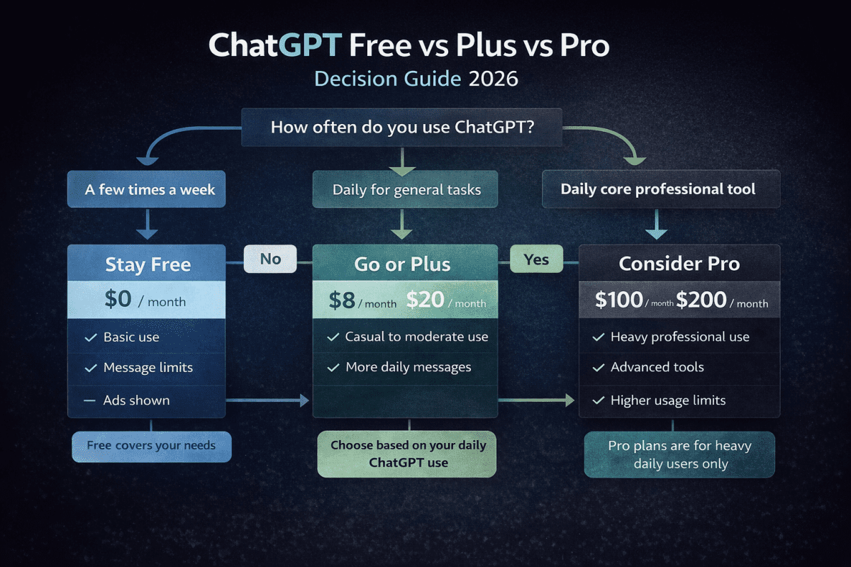 ChatGPT Free vs Plus vs Pro pricing and feature comparison showing the differences between plans in 2026