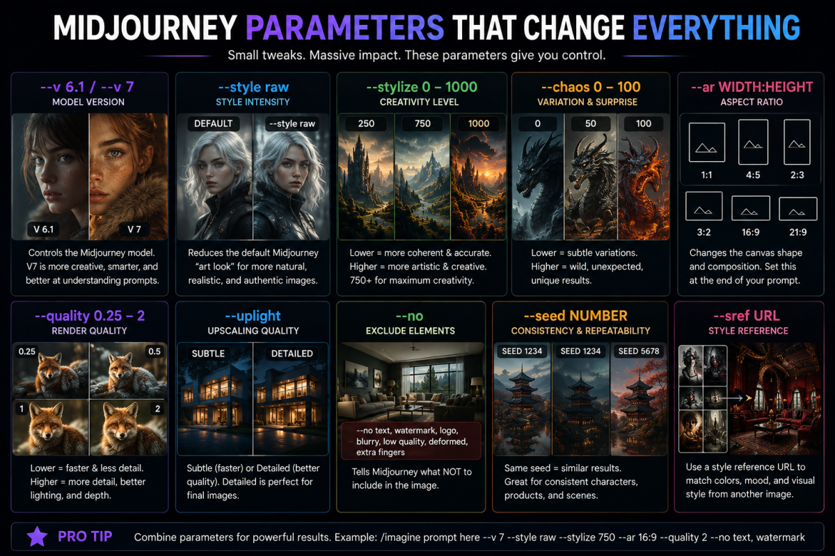 Infographic explaining important Midjourney parameters including --v, --style raw, --stylize, --chaos, --quality, --ar, and --no with visual examples.