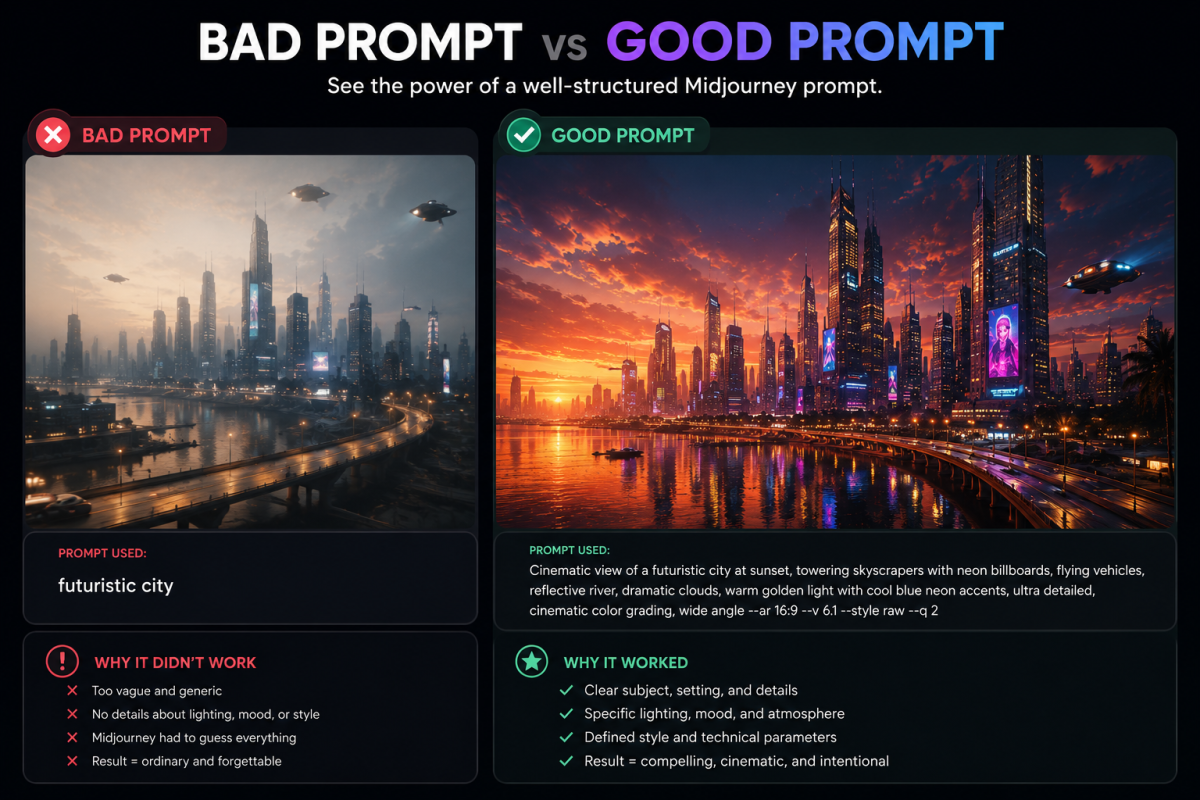 Comparison showing the difference between a vague Midjourney prompt and a detailed structured prompt with cinematic AI image results.