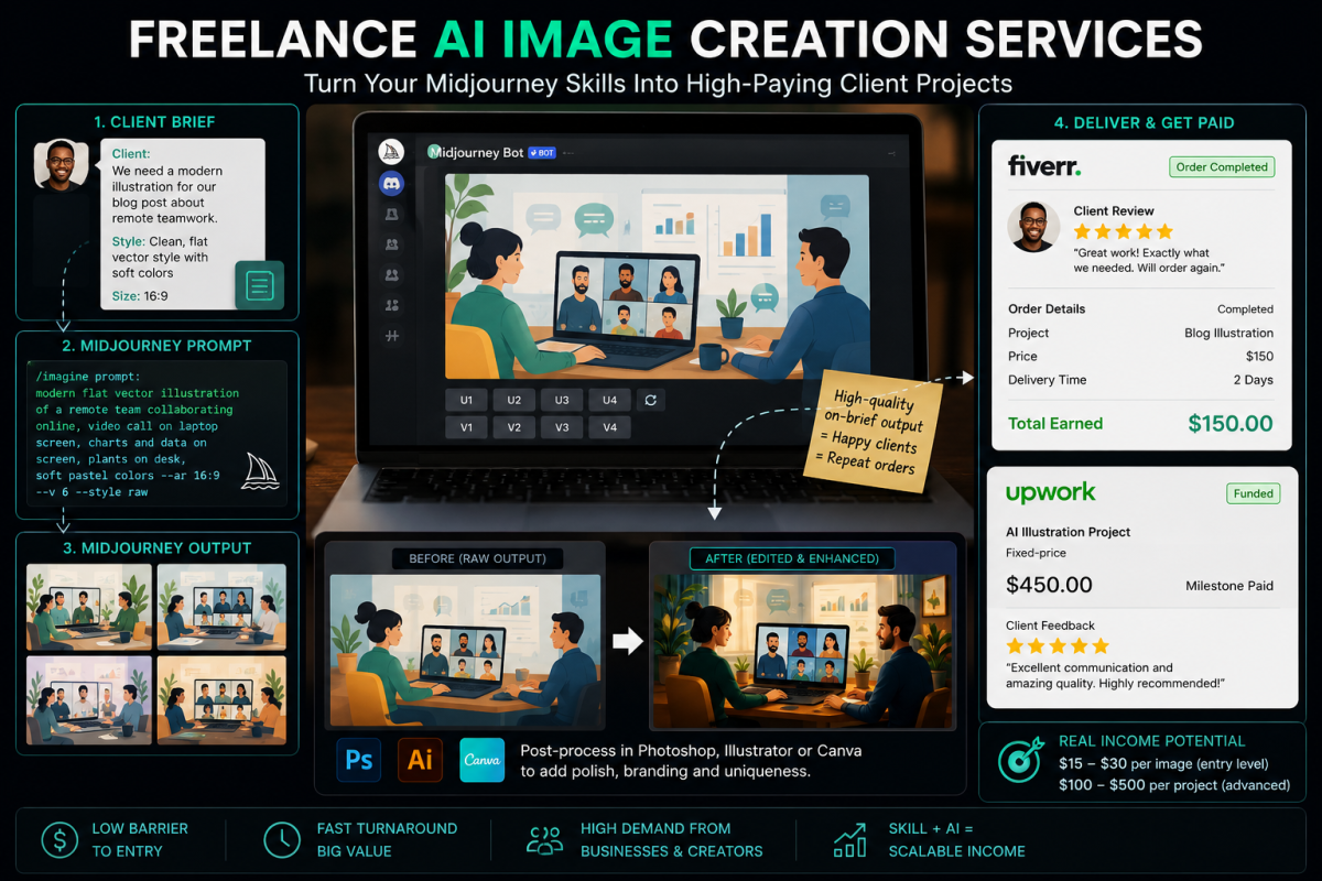 Infographic showing how freelance AI image creation with Midjourney works from client brief to prompt generation, edited final output, Fiverr order, Upwork payment, and client delivery.