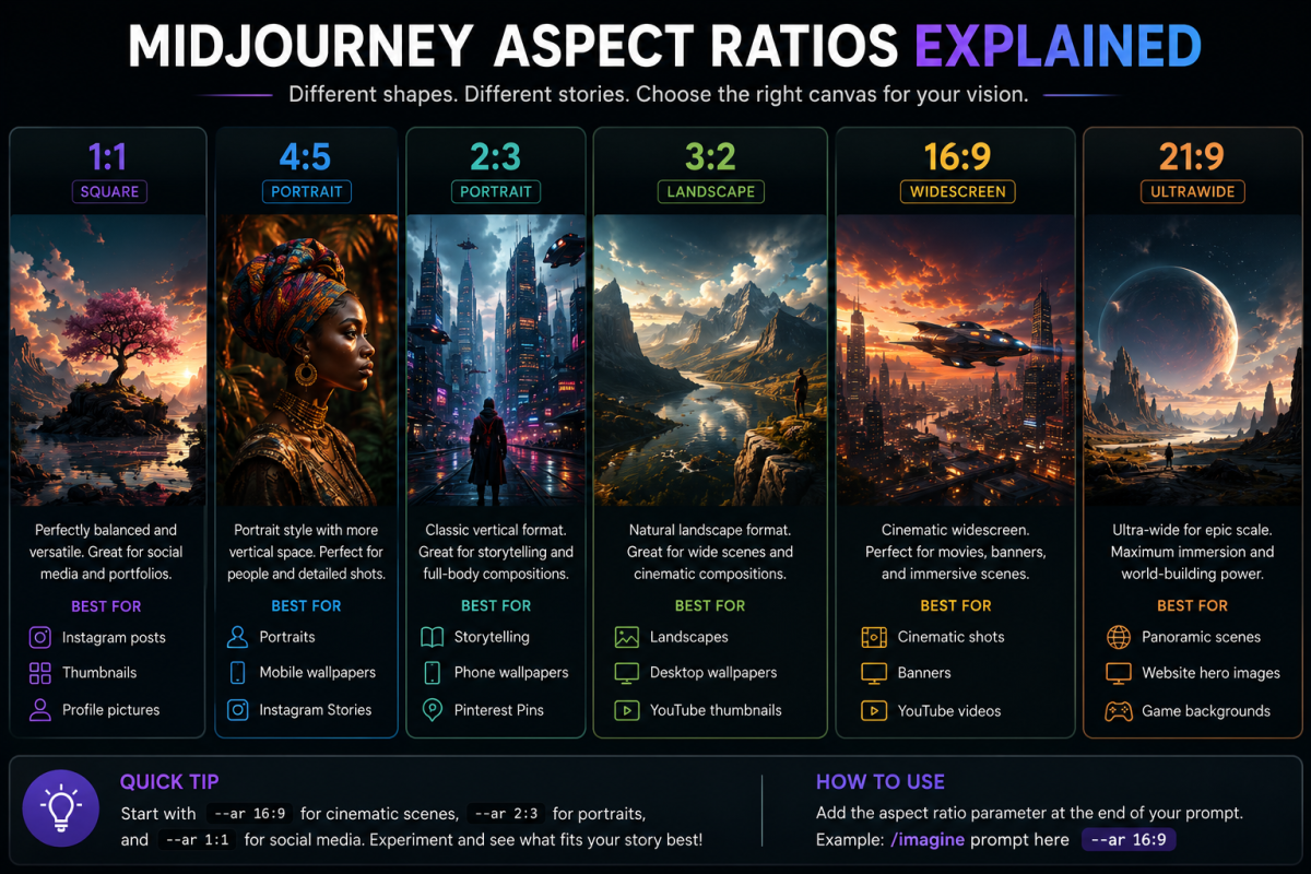 Infographic explaining Midjourney aspect ratios including 1:1, 4:5, 2:3, 3:2, 16:9, and 21:9 with examples and recommended use cases.
