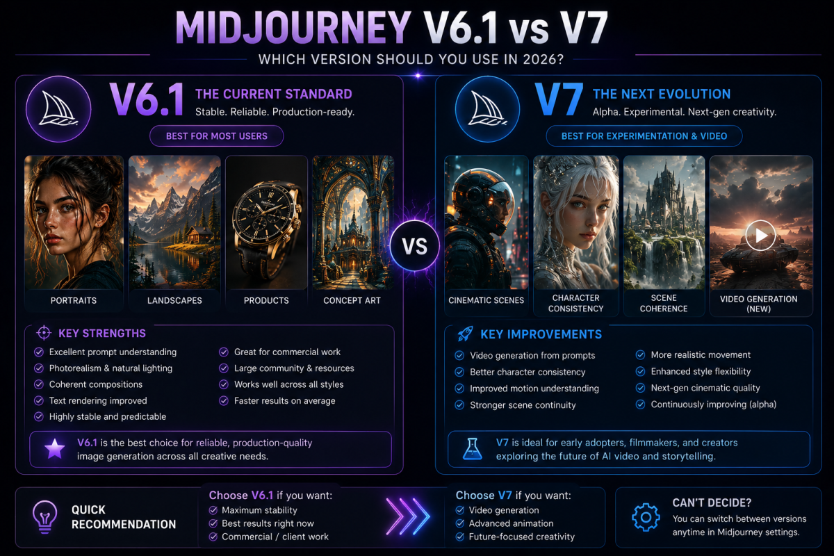 A cinematic comparison infographic showing the differences between Midjourney V6.1 and V7 including photorealism, video generation, character consistency, and creative strengths.