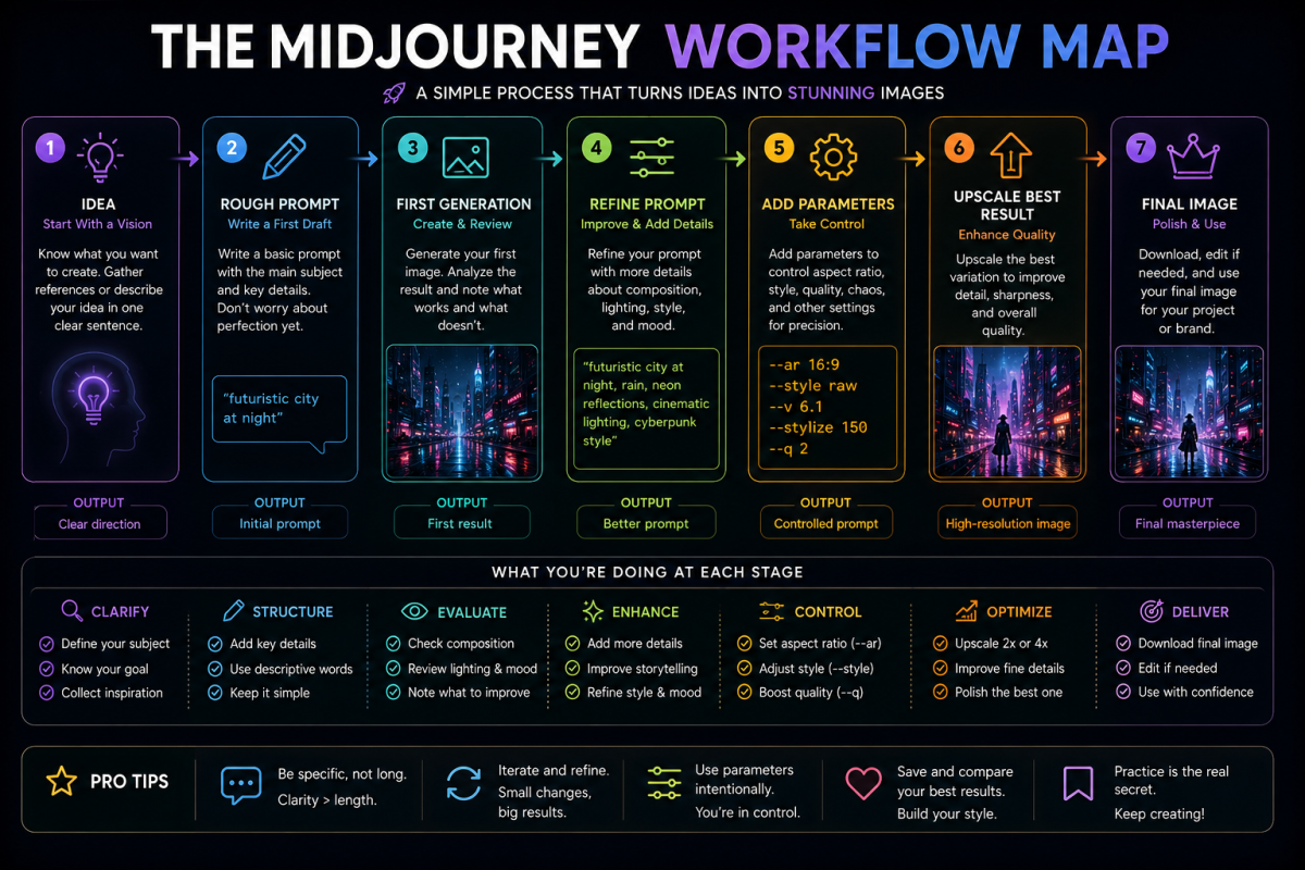 Midjourney workflow infographic showing the process from idea to prompt refinement, parameters, upscaling, and final image creation.
