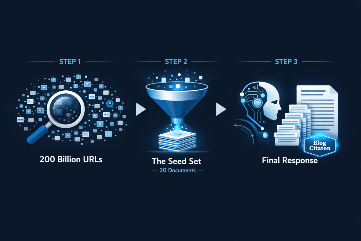 Infographic displaying how AI engines filter billions of web pages into a small 20-document Seed Set to extract blog citations