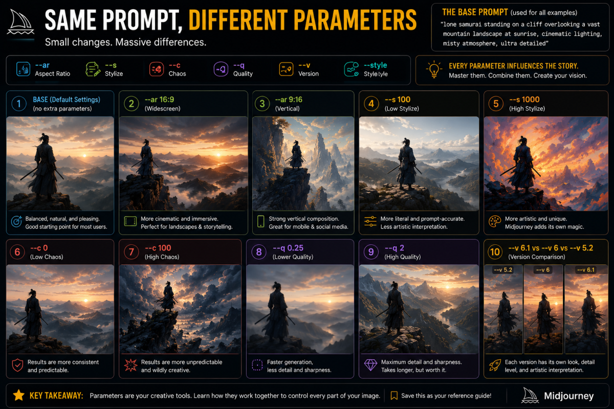 Midjourney infographic comparing how different parameters like aspect ratio, stylize, chaos, quality, and version change the same AI image prompt.