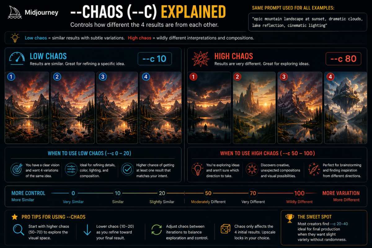 Midjourney chaos parameter infographic comparing low chaos and high chaos results using the same AI prompt with different visual variations.