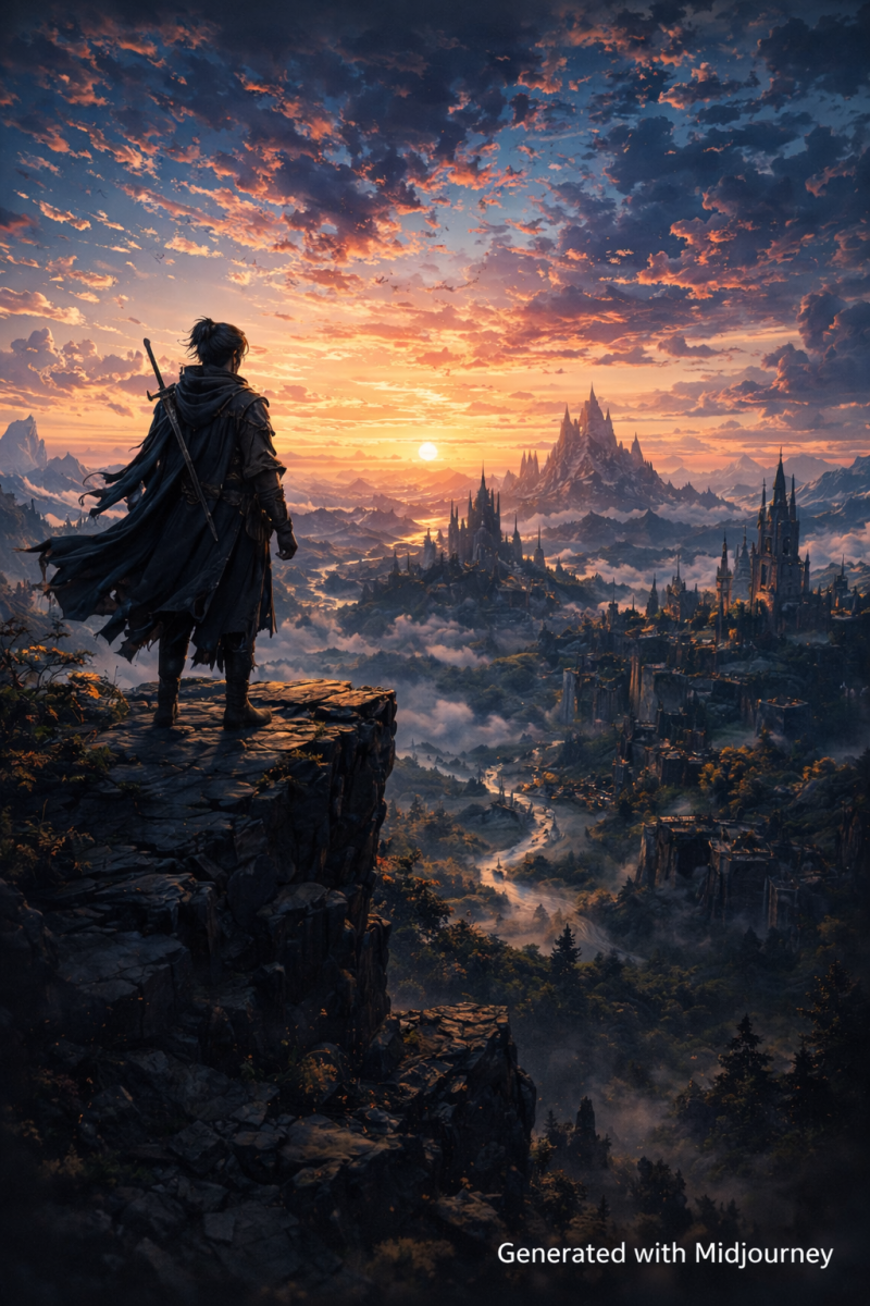 Cinematic fantasy landscape generated with Midjourney showing high visual detail and composition."