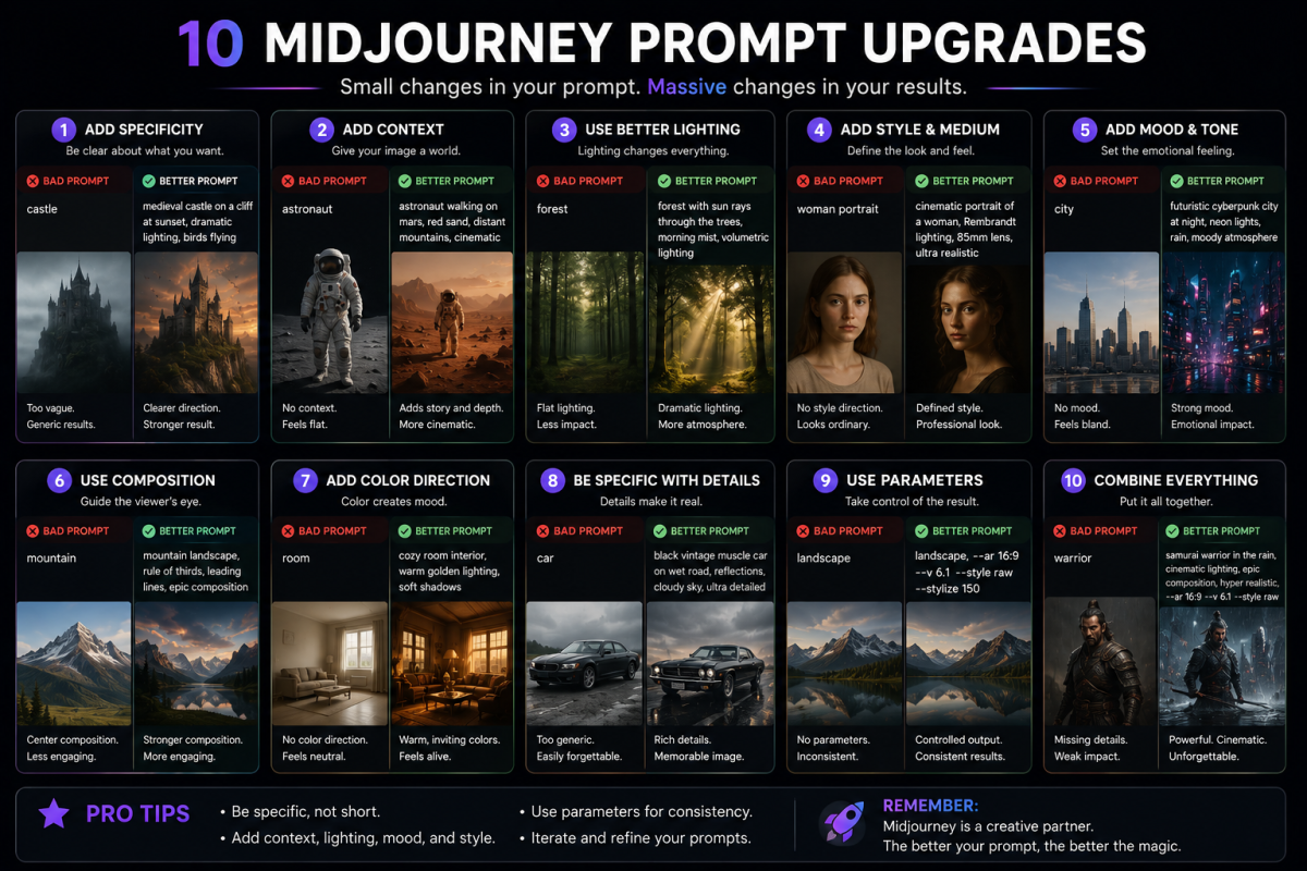 Infographic showing ten ways to improve Midjourney prompts with before-and-after examples demonstrating specificity, lighting, mood, style, parameters, and composition improvements.
