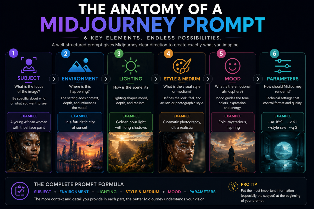 Detailed infographic explaining the six essential parts of a Midjourney prompt with examples for subject, environment, lighting, style, mood, and parameters.