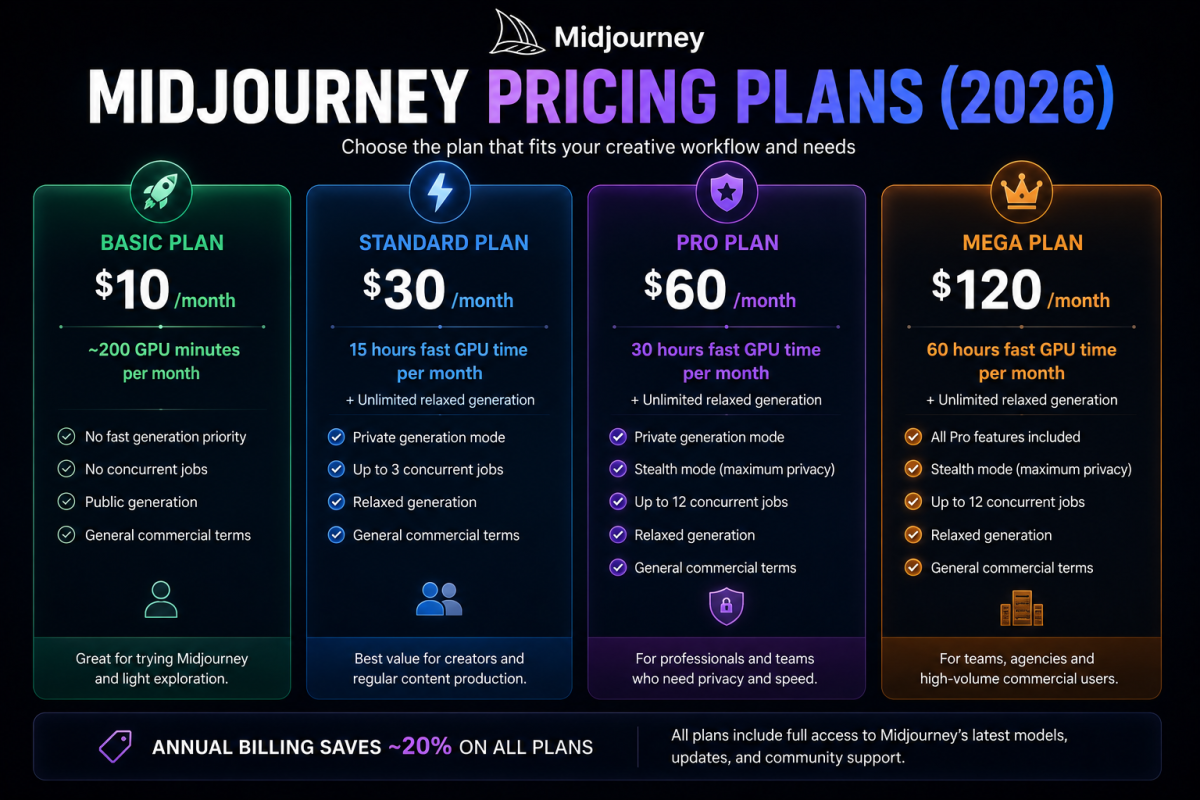 A modern infographic comparing Midjourney pricing plans in 2026 including Basic, Standard, Pro, and Mega plans with features and monthly pricing.
